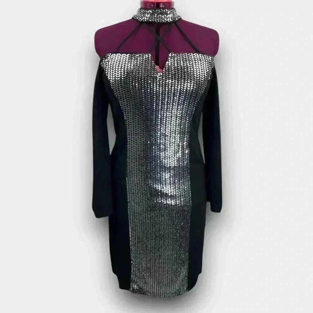 Venus Bodycon Cocktail Party Dress L Black Silver Sequin Halter Off Shoulder